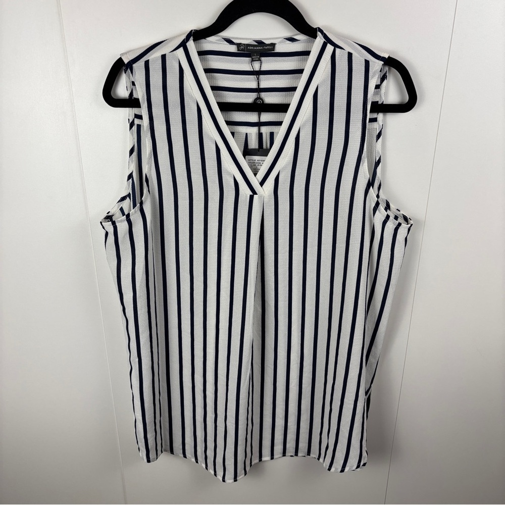 NWT Adrianna Papell L Striped Sleeveless Top Navy Blue White Tank V-Neck Preppy